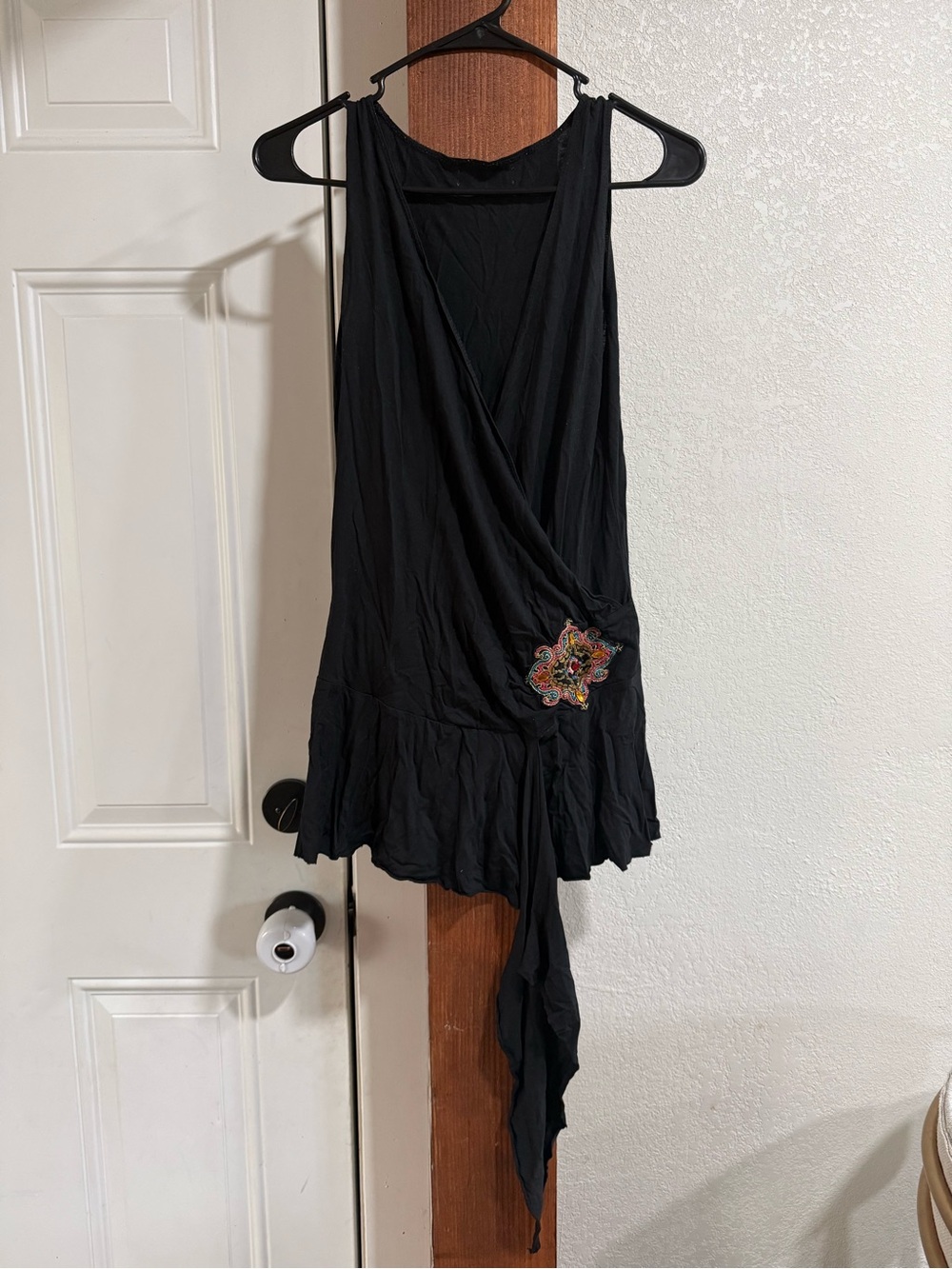 Black V-Neck Sleeveless Wrap Dress/top with Embroidered Accent